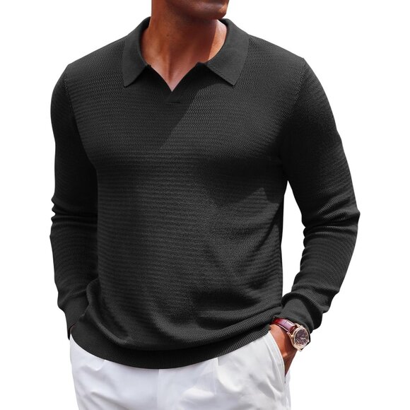 Men's Knit Polo Sweater V-Neck Long Sleeve Dress Pullover Fall Sweater Black - Picture 1 of 5